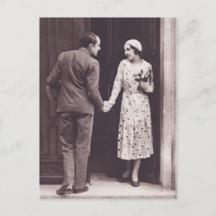 Retro Couple on Doorstep Postcard