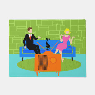 Retro Couple with Cat Door Mat