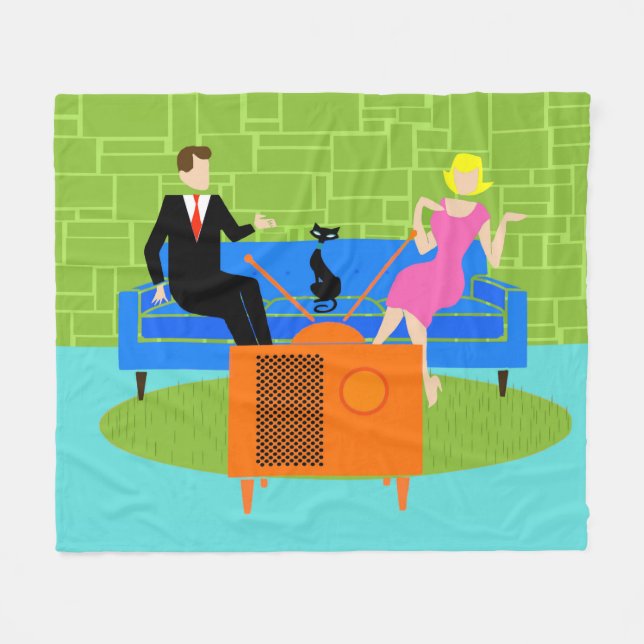 Retro Couple with Cat Fleece Blanket (Front (Horizontal))
