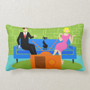 Retro Couple with Cat Lumbar Pillow