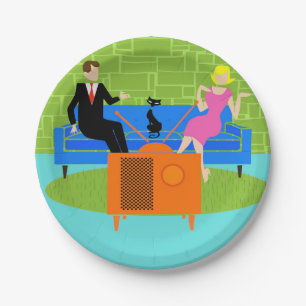 Retro Couple with Cat Paper Plates