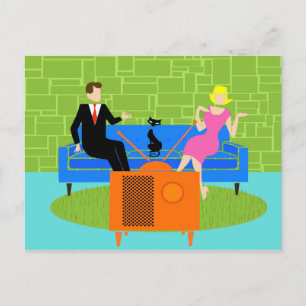Retro Couple with Cat Postcard