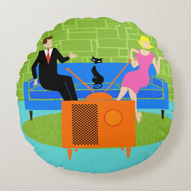 Retro Couple with Cat Round Pillow (Front)