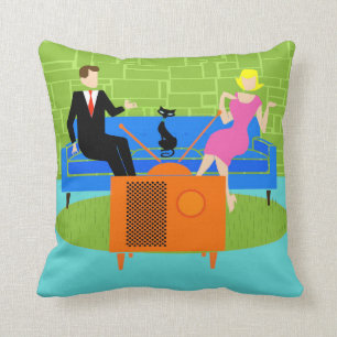 Retro Couple with Cat Throw Pillow