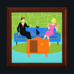 Retro Couple with Cat Wooden Jewellery Keepsake Bo Gift Box<br><div class="desc">This Retro Couple with Cat Wooden Jewellery Keepsake Box features a cartoon couple trying to get cozy while watching television on a mid century modern, blue sofa. The cat, however, has other ideas. On one side of the sofa, there is a handsome man in a black suit with red tie....</div>