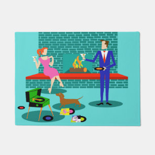 Retro Couple with Dog Door Mat