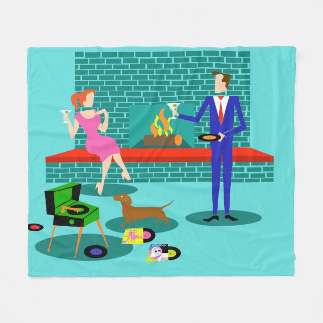 Retro Couple with Dog Fleece Blanket (Front (Horizontal))
