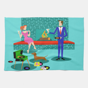 Retro Couple with Dog Kitchen Towel
