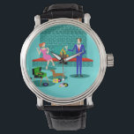 Retro Couple with Dog Men's Watch<br><div class="desc">This Retro Couple with Dog Watch looks like a scene out of a romantic comedy. The 1960s's style, minimalist art design features an attractive couple enjoying a romantic evening at home. The sophisticated room prominently features an aqua and teal brick fireplace with a bright red ledge. A beautiful, redhead woman...</div>