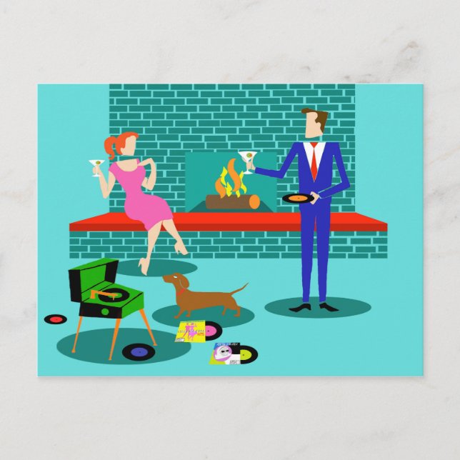 Retro Couple with Dog Postcard (Front)