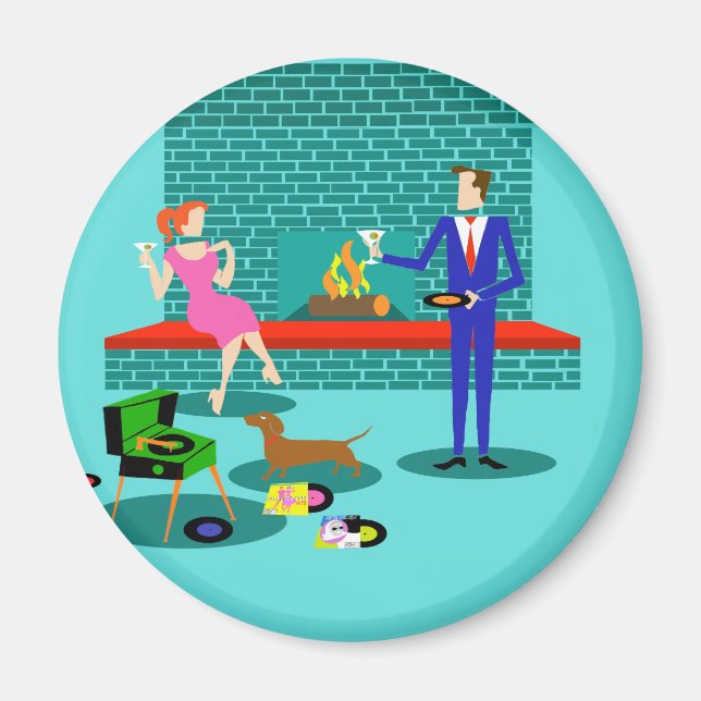 Retro Couple with Dog Round Magnet (Front)