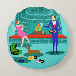 Retro Couple with Dog Round Pillow