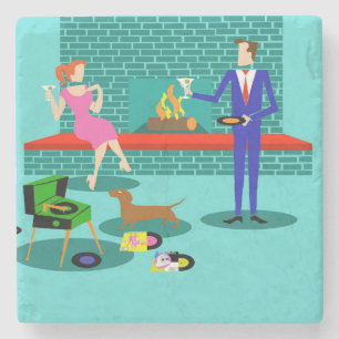 Retro Couple with Dog Stone Coaster