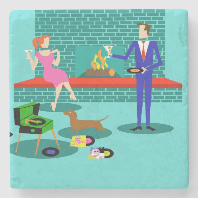 Retro Couple with Dog Stone Coaster (Front)