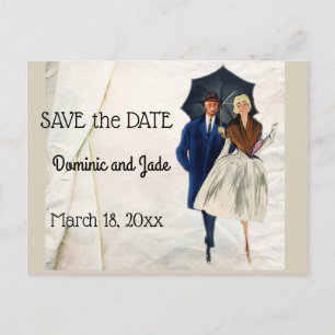 Retro Couple With Umbrella Save The Date Announcement Postcard