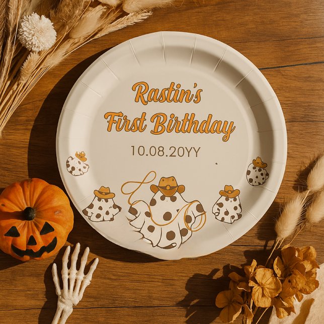 Retro Cowboy Halloween Chequered Pattern Birthday Paper Plate (Creator Uploaded)