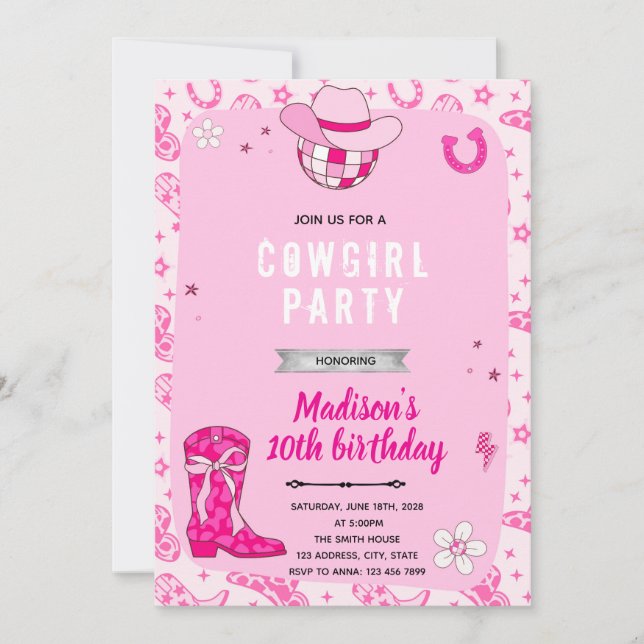 Retro cowgirl birthday party invitation (Front)