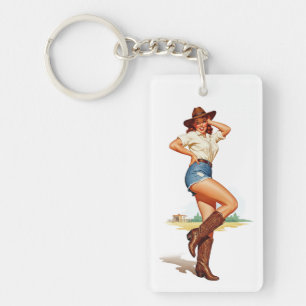 Retro Cowgirl Pin-up Art Keychain