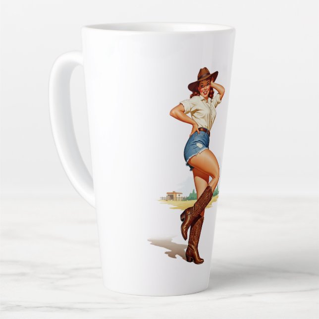 Retro Cowgirl Pin-up Art  Latte Mug (Left Angle)