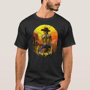 Retro Cowgirl Riding Horse Cactus Desert Sunset We T-Shirt