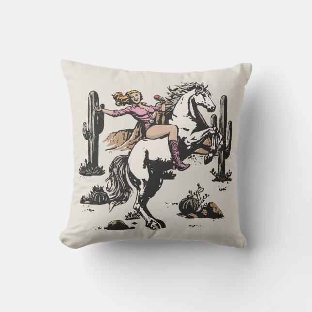 Retro Cowgirl Riding Horse Throw Pillow (Front)