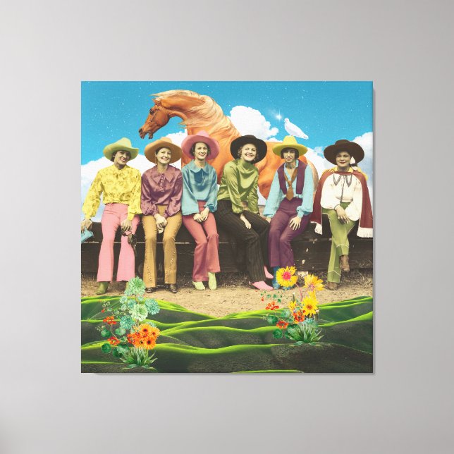 Retro Cowgirls Horse Surreal Collage Canvas Print (Front)