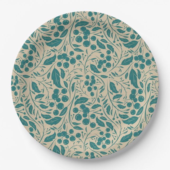 Retro Cozy Blue Pattern Christmas Charm  Paper Plate (Front)