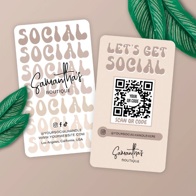 Retro Cream Beige Trendy Logo Social Media QR Code Business Card (Stand out and impress with this trendy Social Media QR code business card with retro fonts)