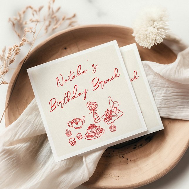 Retro Cream Red Hand Drawn Fun Birthday Brunch  Napkin (Creator Uploaded)