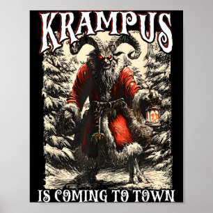 Retro Creepmas Krampus Is Coming To Town Dark Humo Poster