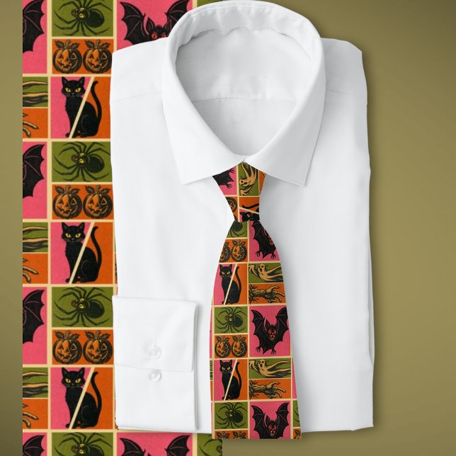 Retro Creeps Tie (Fun vintage retro comic book style Halloween spiders, cats, ghosts, zombies and pumpkins)