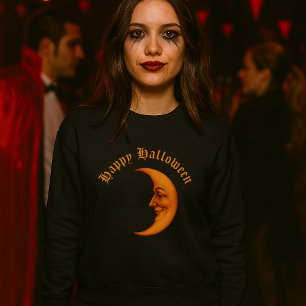 Retro Crescent Moon Face Happy Halloween Sweatshirt