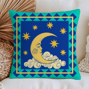 Retro Crescent Moon Face Mystical Blue Celestial  Throw Pillow