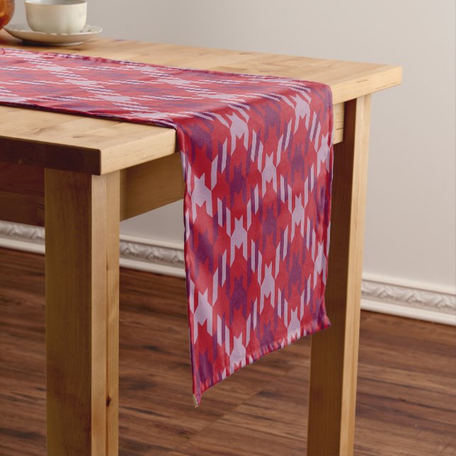 Retro crimson red purple houndstooth plaid pattern short table runner (In Situ)