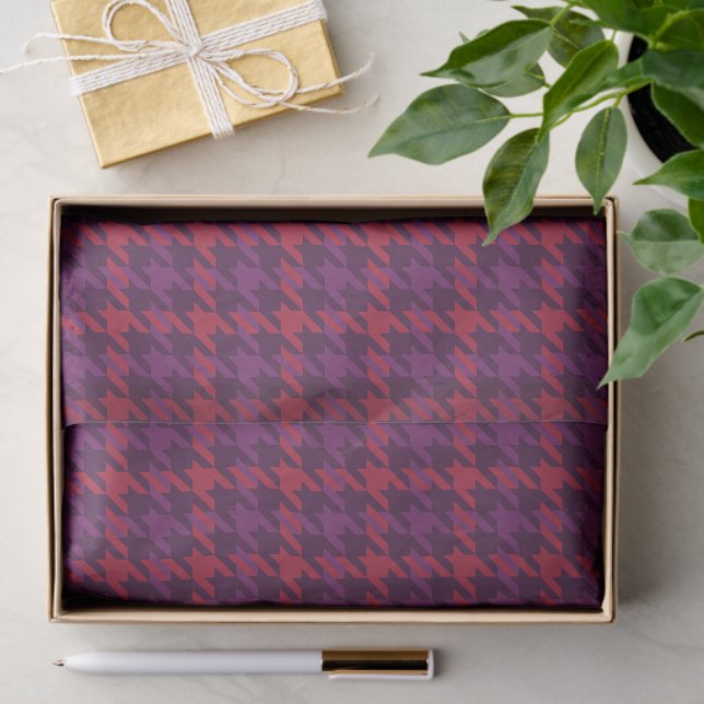 Retro crimson red purple houndstooth plaid pattern tissue paper (Gift)
