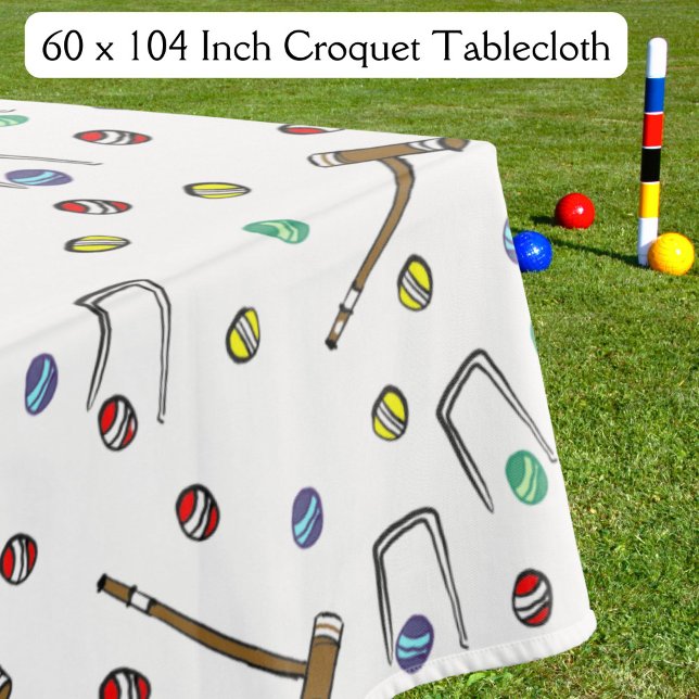 Retro Croquet Garden Party Cute Colourful Picnic Tablecloth (Enjoy a vintage croquet party with this hand-illustrated, retro-inspired croquet tablecloth!)