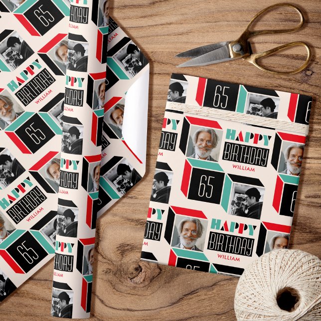 Retro Cube Modern Photo Birthday 65th Red Green Wrapping Paper (Creator Uploaded)