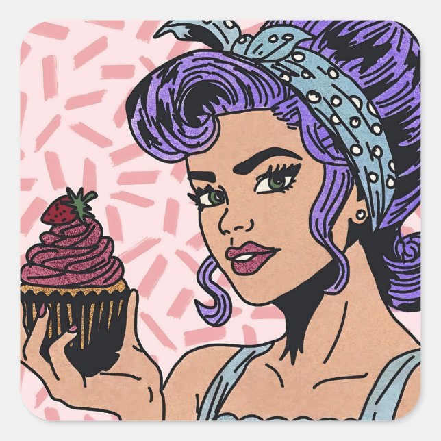 Retro Cupcake Pop Art Comic Style Square Sticker (Front)