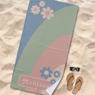 Retro Curves Groovy Floral Personalized Beach Towel