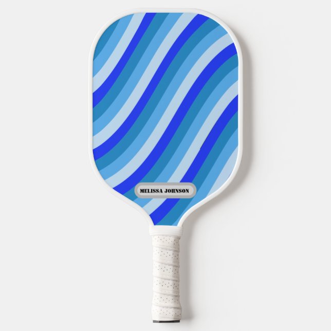 Retro Curvy Lines in Blue With Name and Initials Pickleball Paddle (Front)