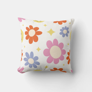 Retro Cushion with Happy Flowers and Smiley Flower