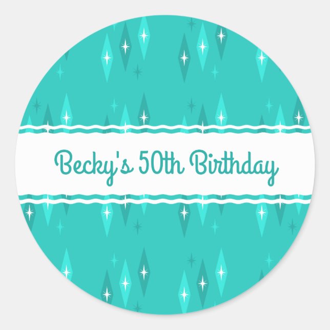 Retro Custom Birthday Party Turquoise Classic Round Sticker (Front)