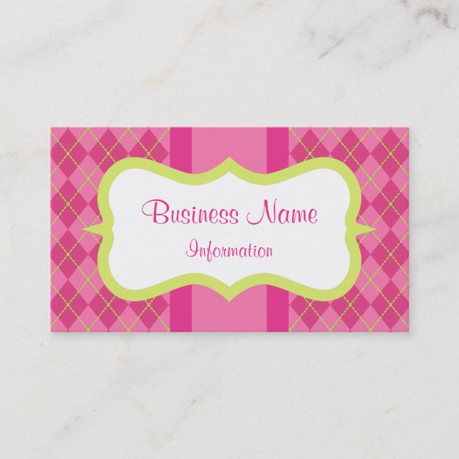 Retro Custom Pink Lime Argyle Business Cards (Front)