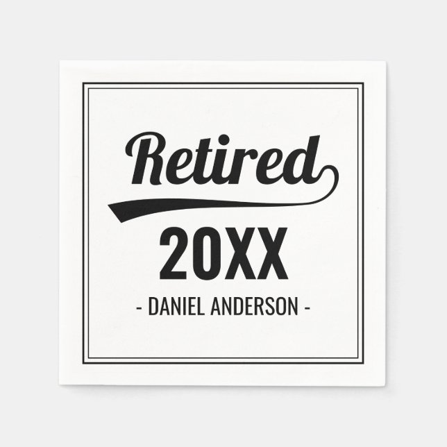 Retro Custom Year Black & White Retirement Party Napkin (Front)