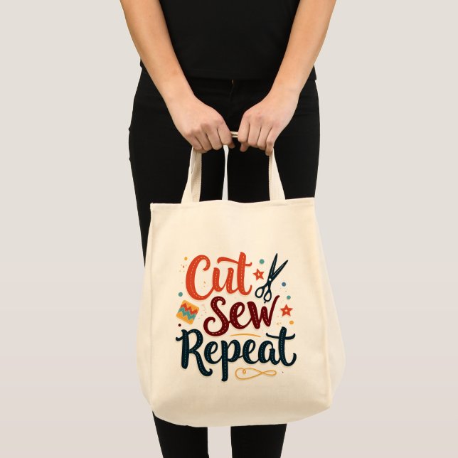 Retro "Cut Sew Repeat" Sewing Lover Design Tote Bag (Front (Product))