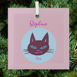 Retro Cute and Whimsical Purring Kitty Glass Ornament