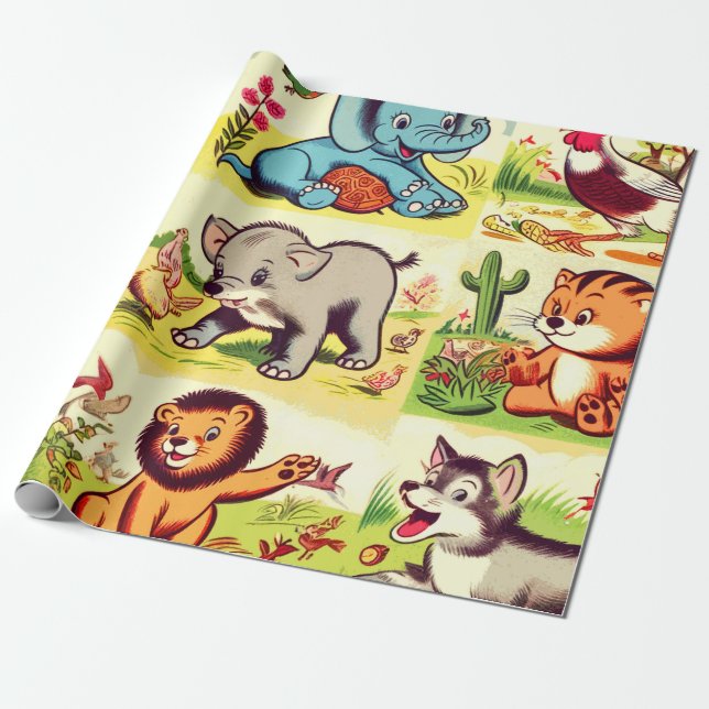 Retro Cute Animals Comics Wrapping Paper (Unrolled)