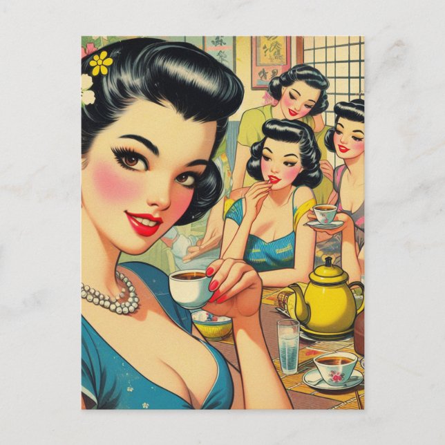 Retro Cute Asian Girl Illustration Postcard (Front)