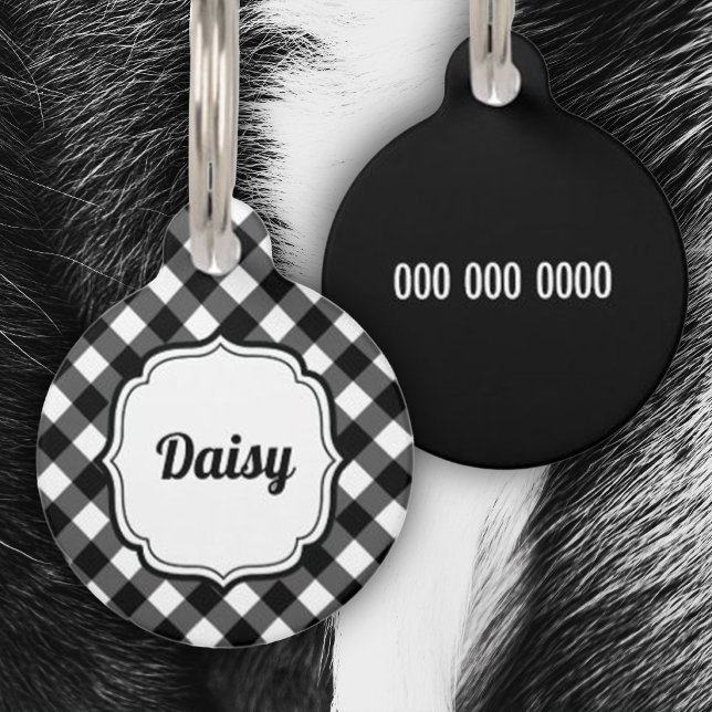 Retro Cute Black & White Gingham Check Pet ID Tag (cute black and white gingham check ID tag for pet)