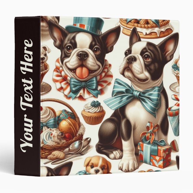 Retro Cute Boston Terrier Illustration Binder (Front/Spine)